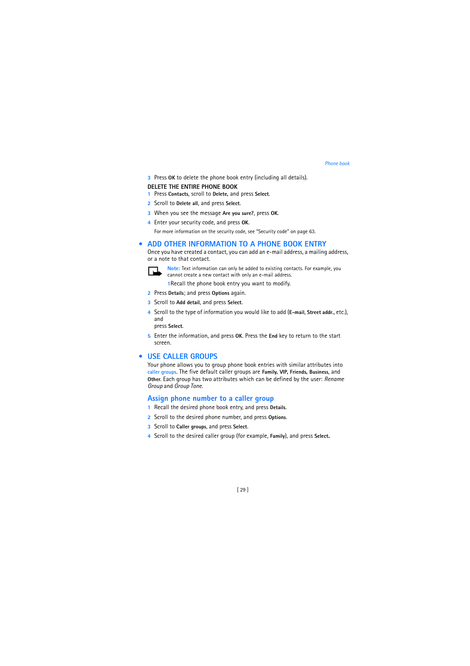 Add other information to a phone book entry, Use caller groups | Nokia 2272 User Manual | Page 29 / 94