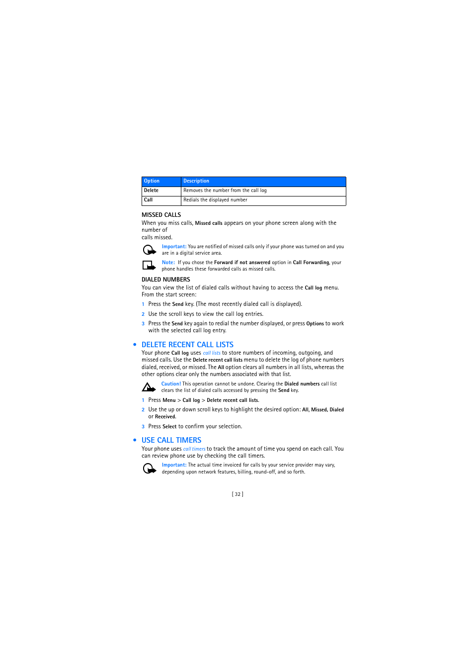 Delete recent call lists, Use call timers | Nokia 2272 User Manual | Page 32 / 94