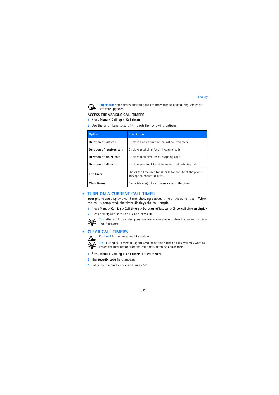 Turn on a current call timer, Clear call timers | Nokia 2272 User Manual | Page 33 / 94