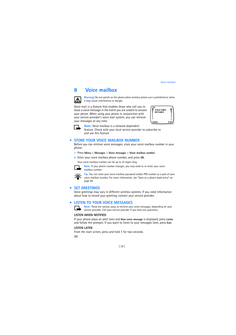 8 voice mailbox, Store your voice mailbox number, Set greetings | Listen to your voice messages, 8voice mailbox | Nokia 2272 User Manual | Page 35 / 94