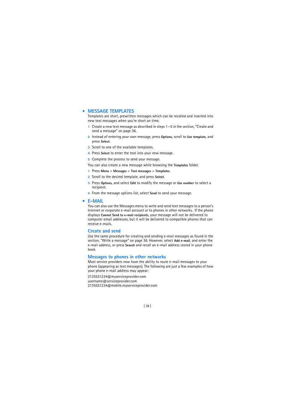 Message templates, E-mail | Nokia 2272 User Manual | Page 38 / 94