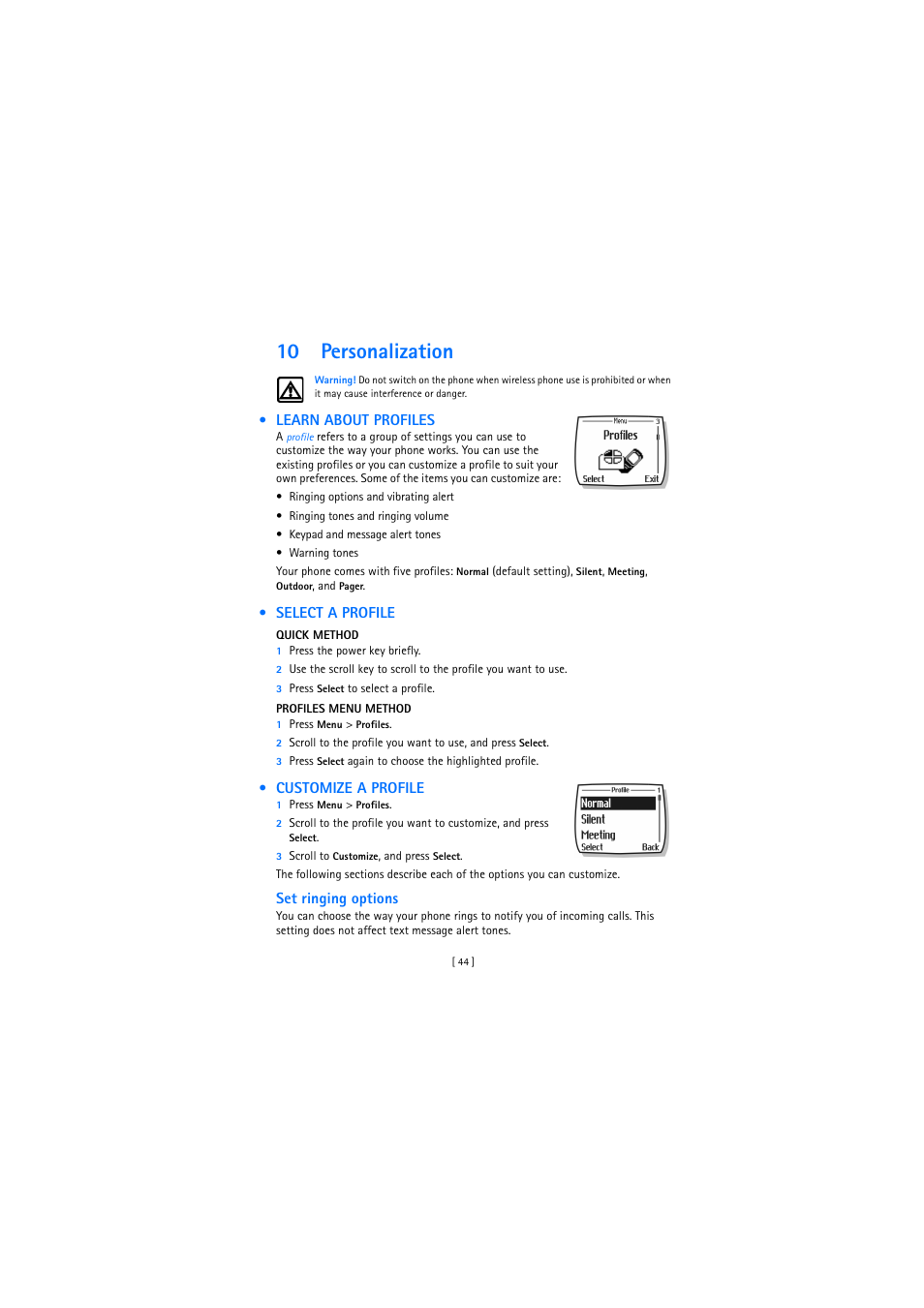 10 personalization, Learn about profiles, Select a profile | Customize a profile | Nokia 2272 User Manual | Page 44 / 94