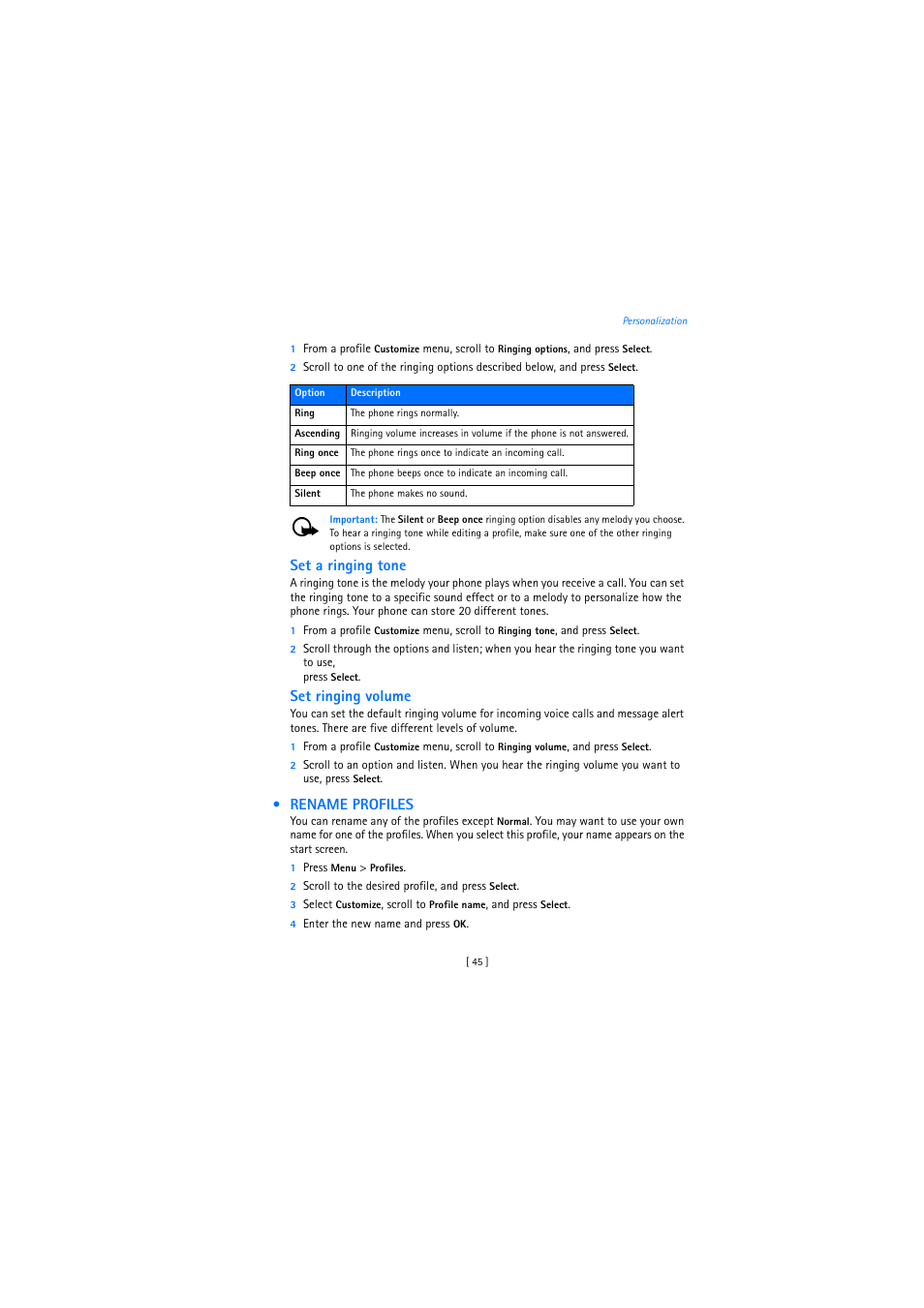 Rename profiles, Set a ringing tone, Set ringing volume | Nokia 2272 User Manual | Page 45 / 94