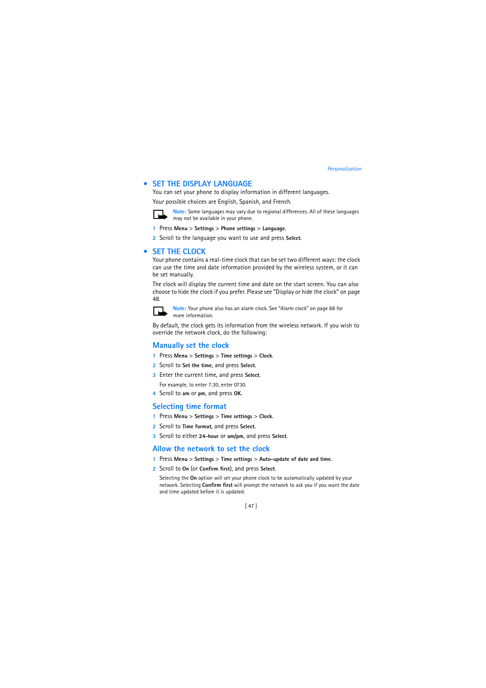 Set the display language, Set the clock | Nokia 2272 User Manual | Page 47 / 94