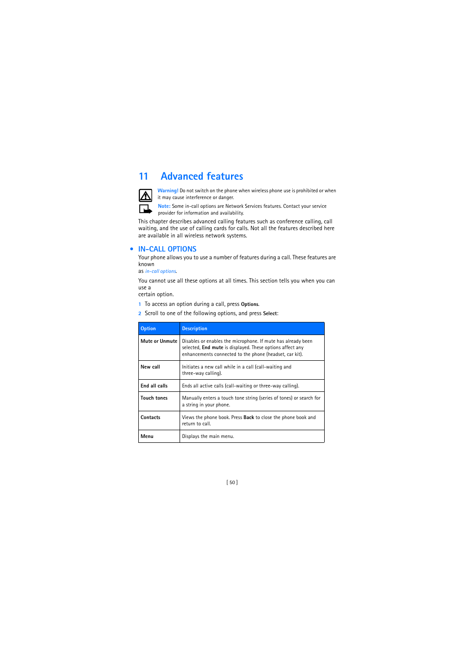 11 advanced features, In-call options | Nokia 2272 User Manual | Page 50 / 94