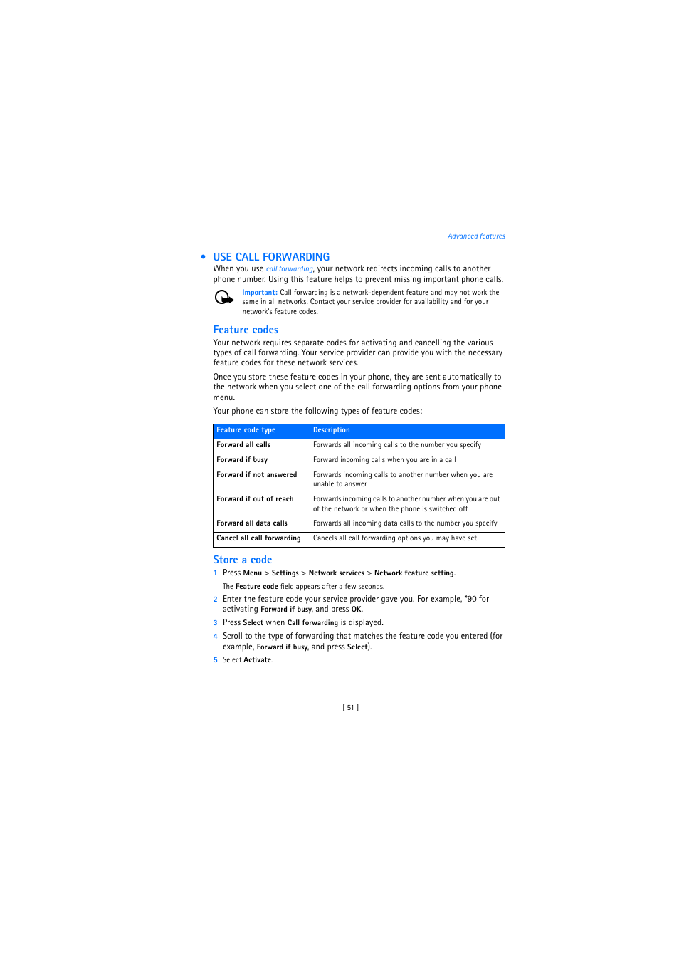 Use call forwarding, Feature codes, Store a code | Nokia 2272 User Manual | Page 51 / 94