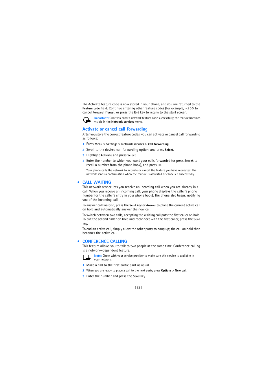 Call waiting, Conference calling | Nokia 2272 User Manual | Page 52 / 94