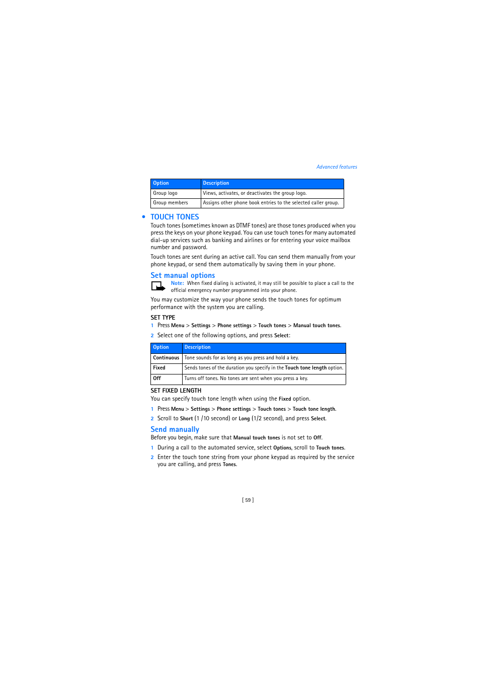Touch tones, Set manual options, Send manually | Nokia 2272 User Manual | Page 59 / 94