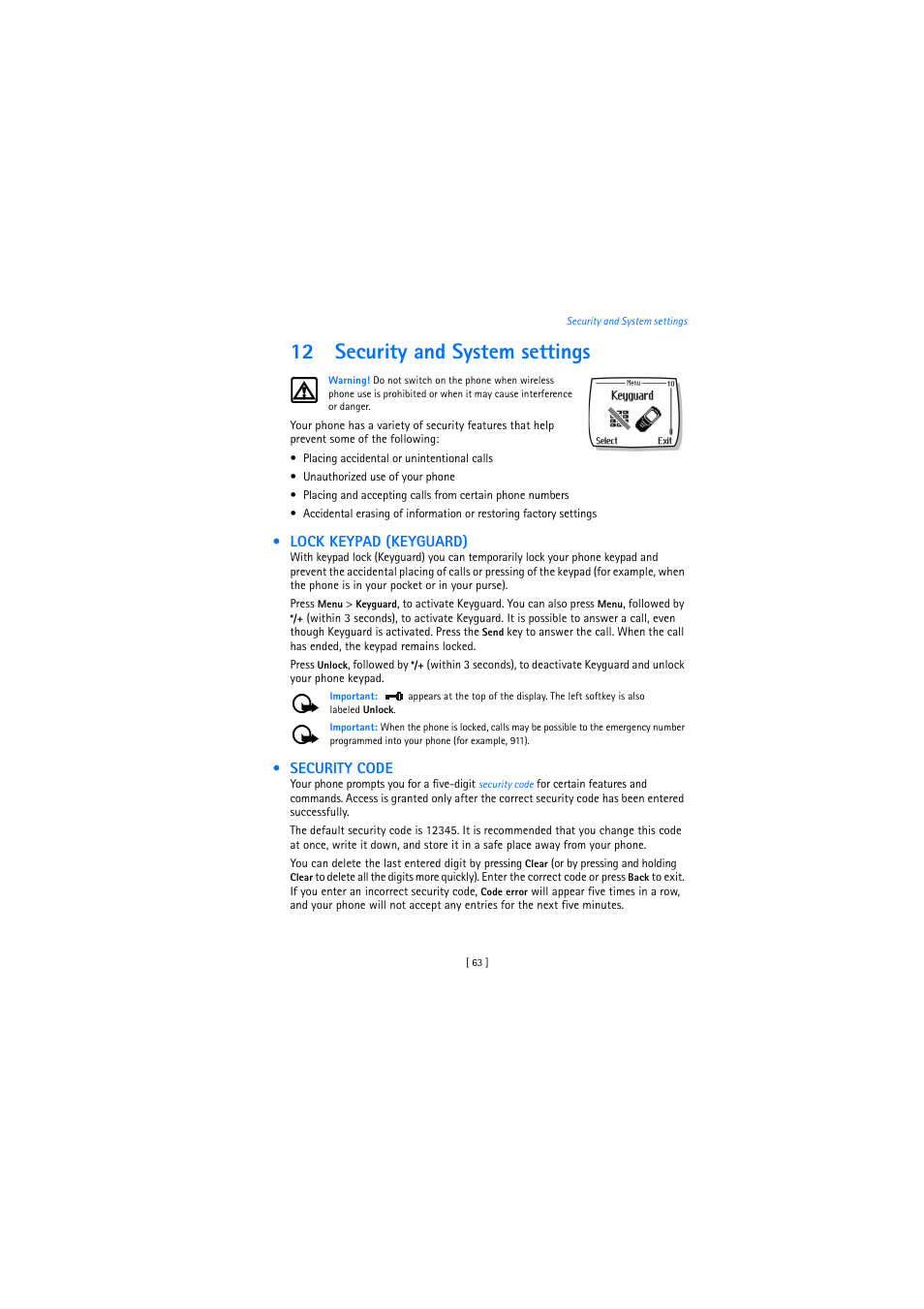 12 security and system settings, Lock keypad (keyguard), Security code | Nokia 2272 User Manual | Page 63 / 94