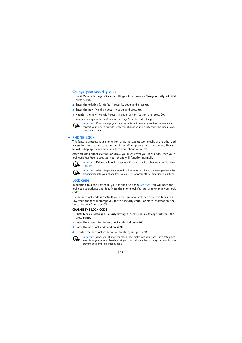 Phone lock | Nokia 2272 User Manual | Page 64 / 94