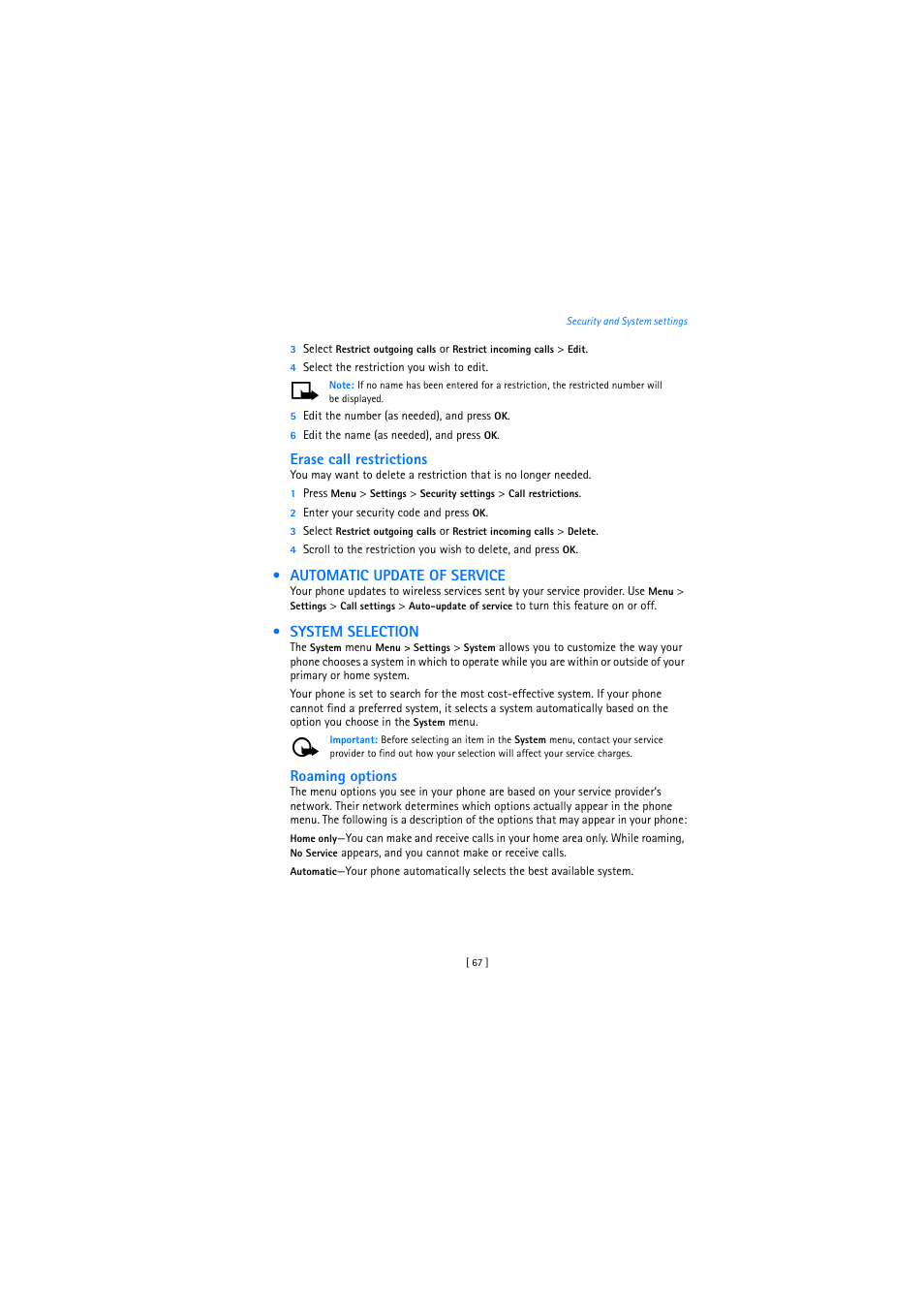 Automatic update of service, System selection | Nokia 2272 User Manual | Page 67 / 94