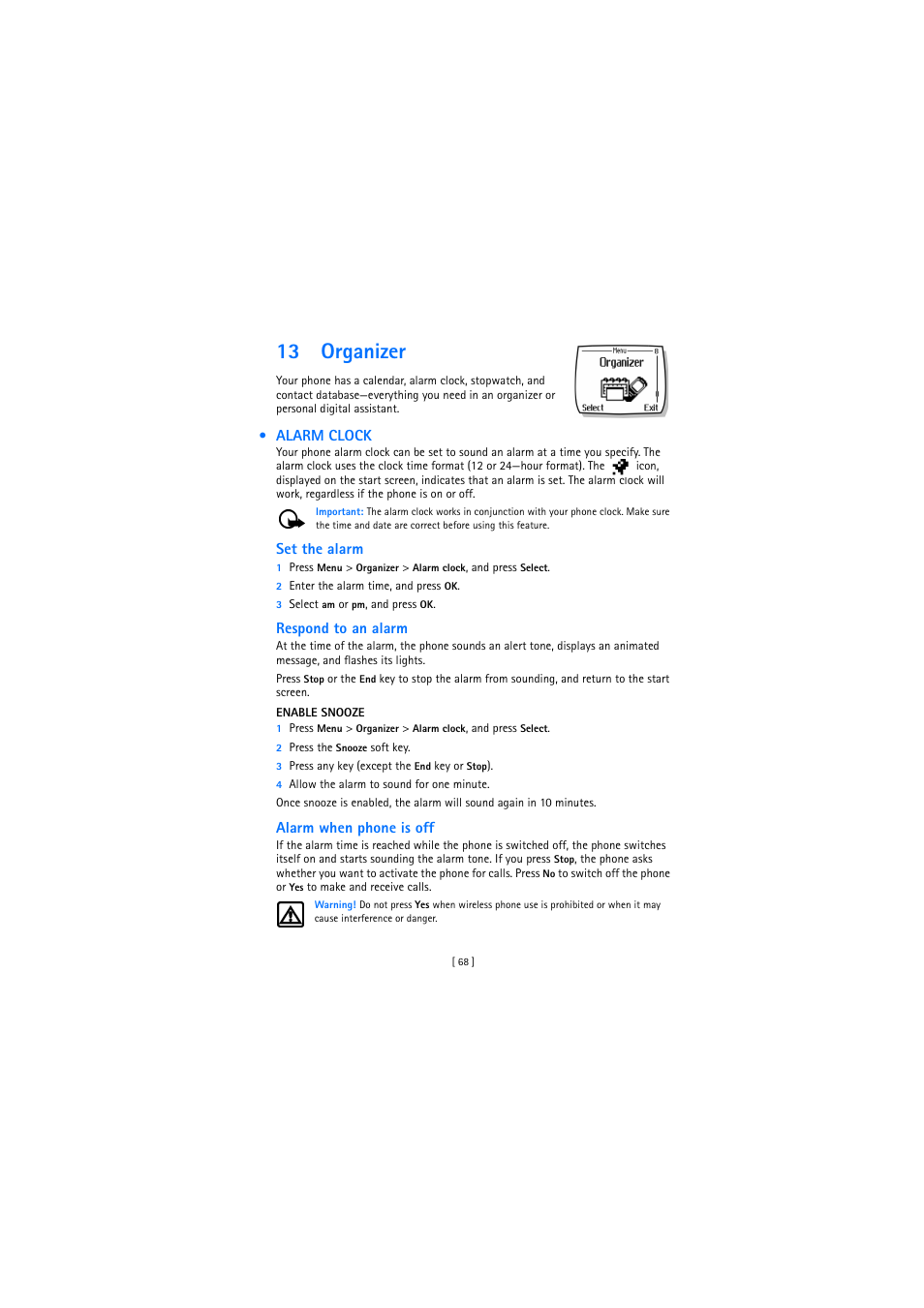 13 organizer, Alarm clock | Nokia 2272 User Manual | Page 68 / 94