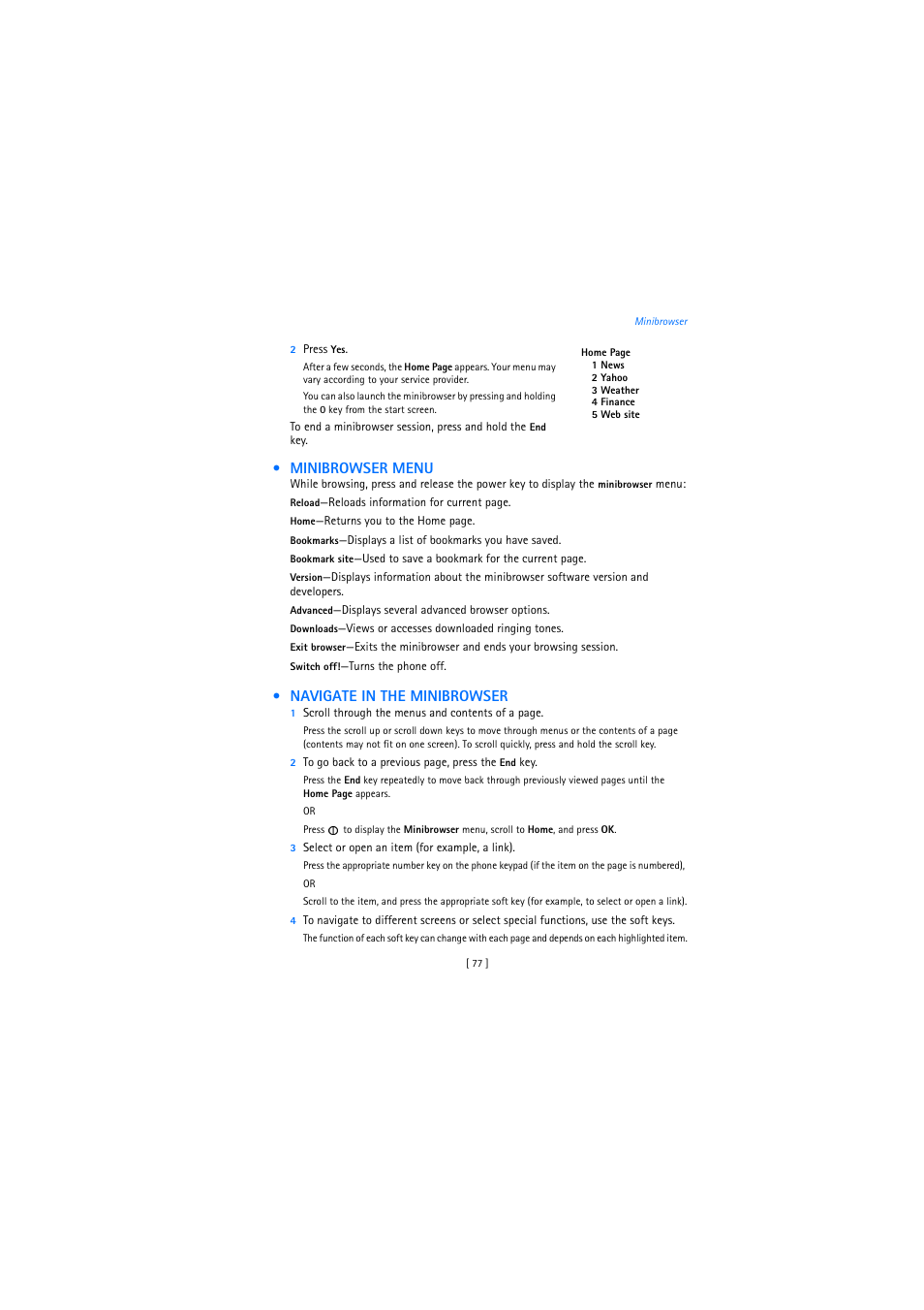 Minibrowser menu, Navigate in the minibrowser | Nokia 2272 User Manual | Page 77 / 94
