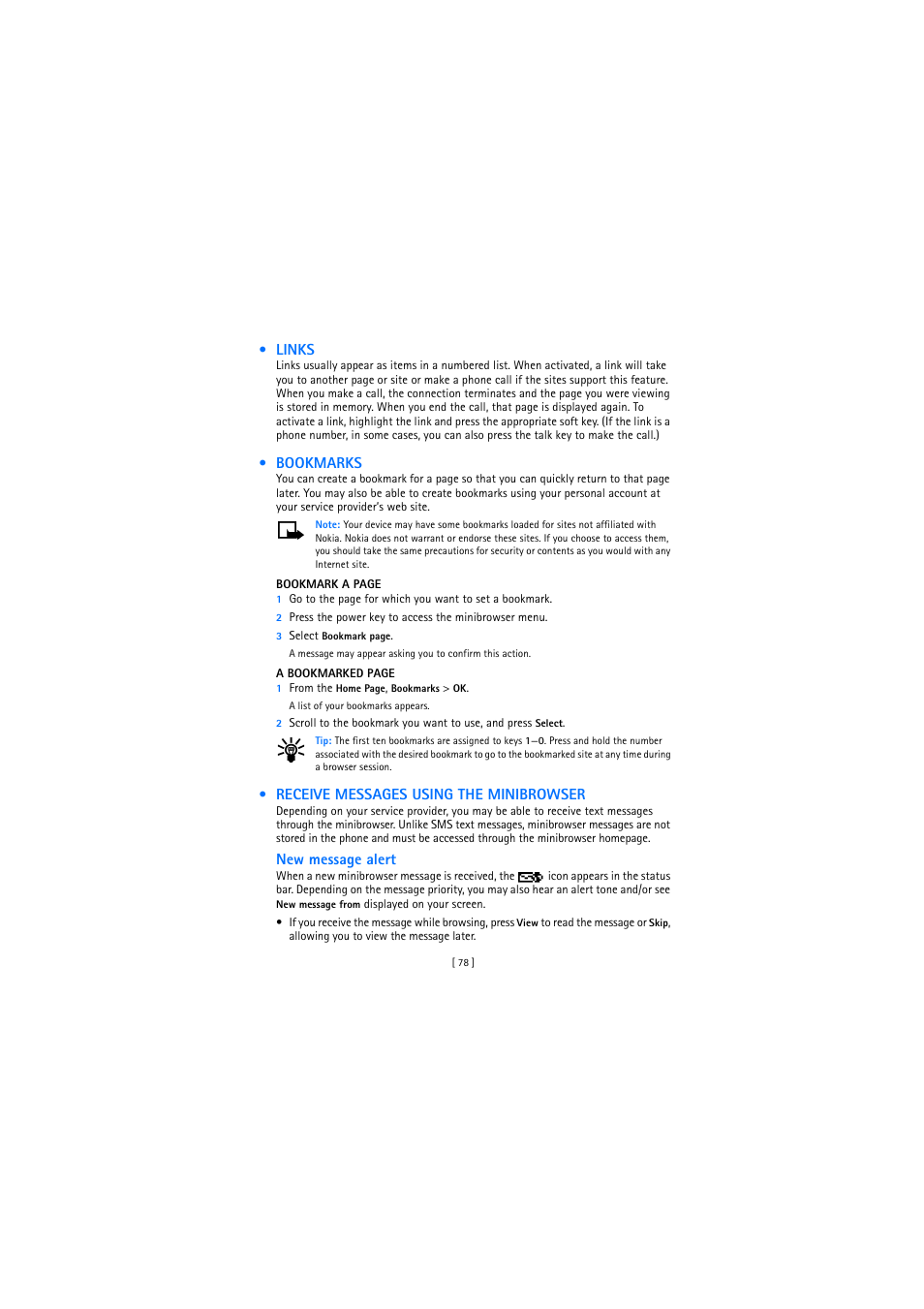 Links, Bookmarks, Receive messages using the minibrowser | Nokia 2272 User Manual | Page 78 / 94