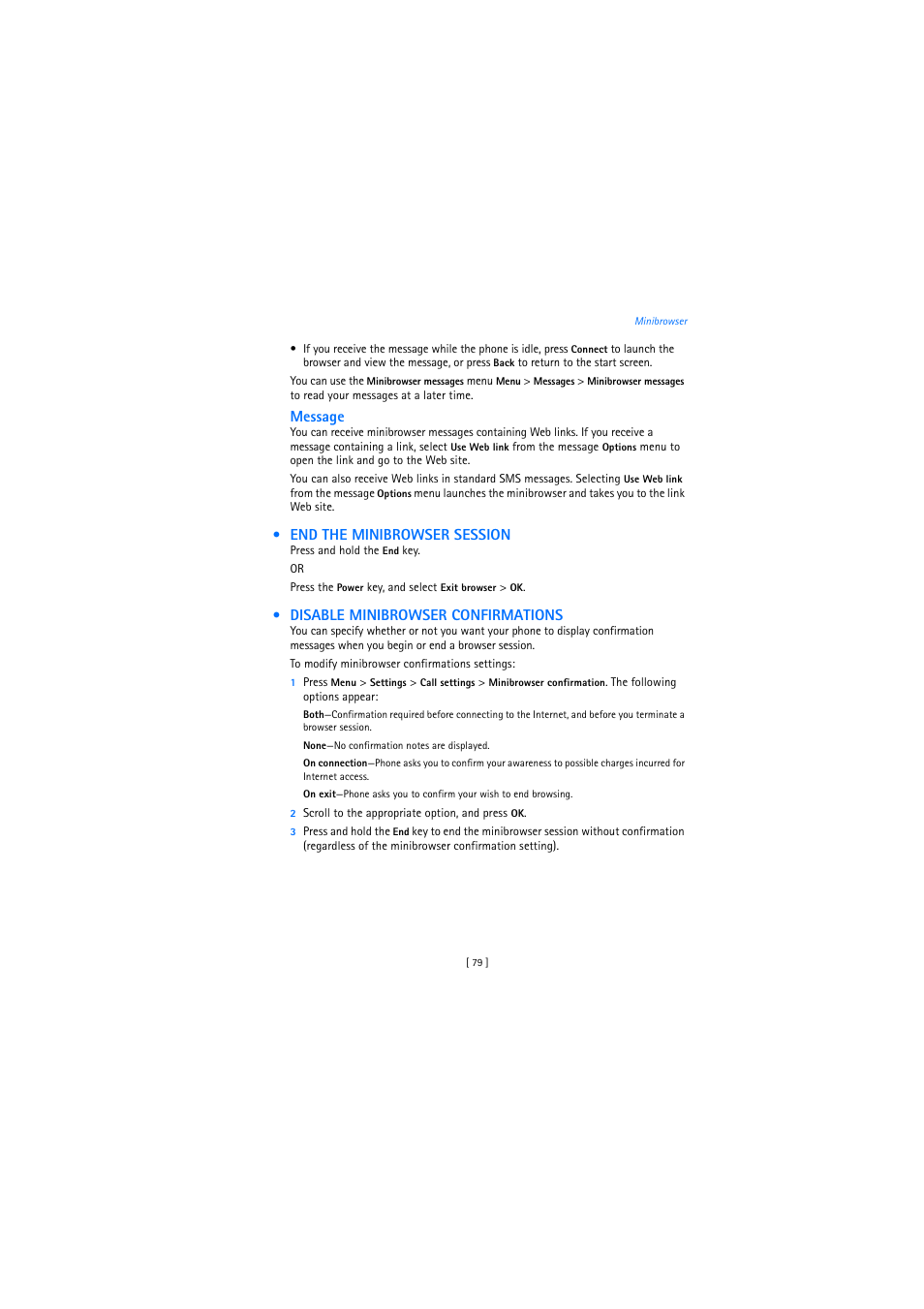 End the minibrowser session, Disable minibrowser confirmations | Nokia 2272 User Manual | Page 79 / 94