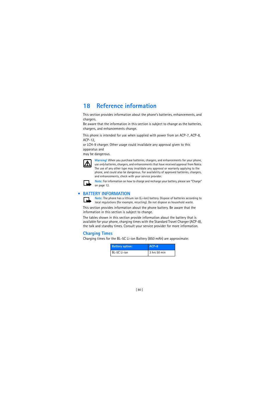 18 reference information, Battery information | Nokia 2272 User Manual | Page 80 / 94