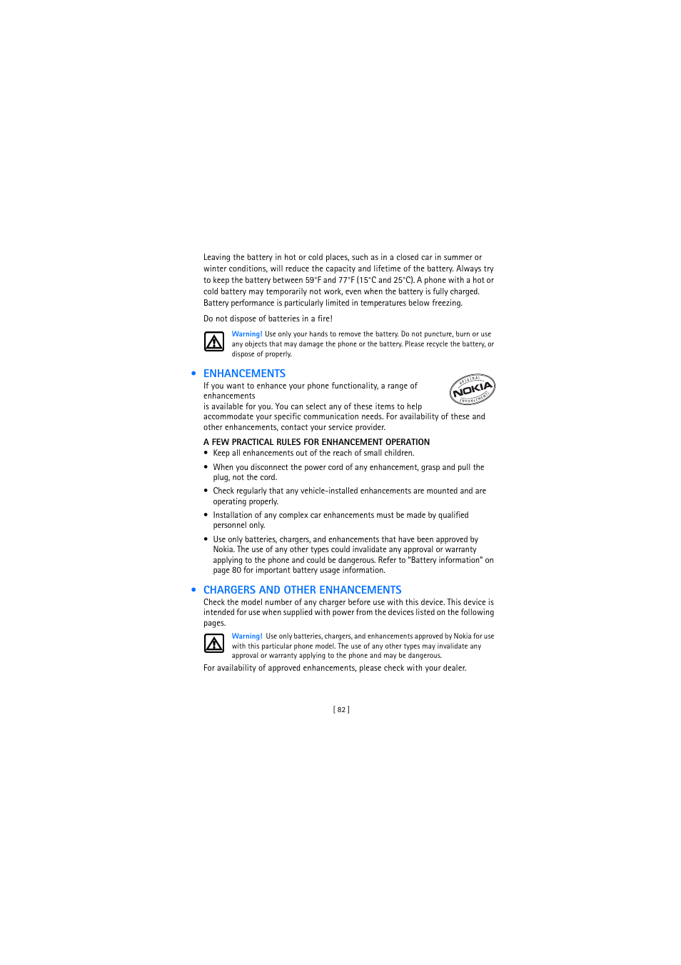 Enhancements, Chargers and other enhancements | Nokia 2272 User Manual | Page 82 / 94