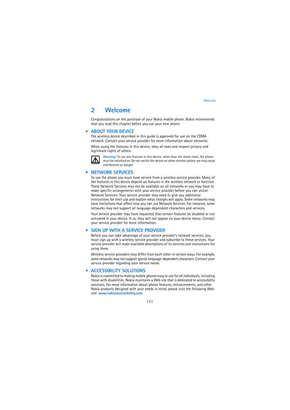2 welcome, About your device, Network services | Sign up with a service provider, Accessibility solutions, 2welcome | Nokia 2272 User Manual | Page 9 / 94