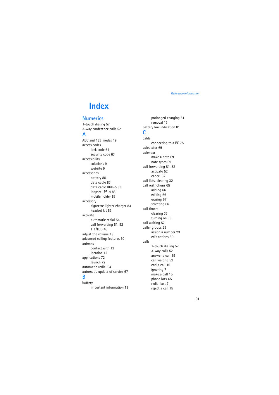 Index, Numerics | Nokia 2272 User Manual | Page 91 / 94