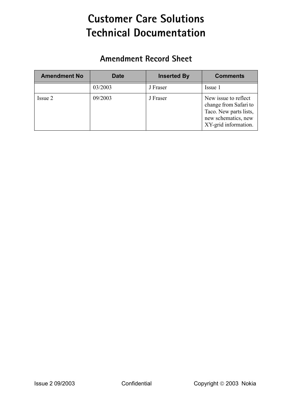 Amendment record sheet, Customer care solutions technical documentation | Nokia 2220 (RH-42) User Manual | Page 2 / 6