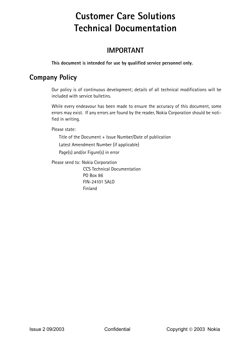 Important, Company policy, Customer care solutions technical documentation | Nokia 2220 (RH-42) User Manual | Page 4 / 6