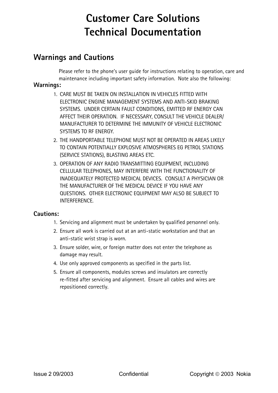 Warnings and cautions, Warnings, Cautions | Customer care solutions technical documentation | Nokia 2220 (RH-42) User Manual | Page 5 / 6