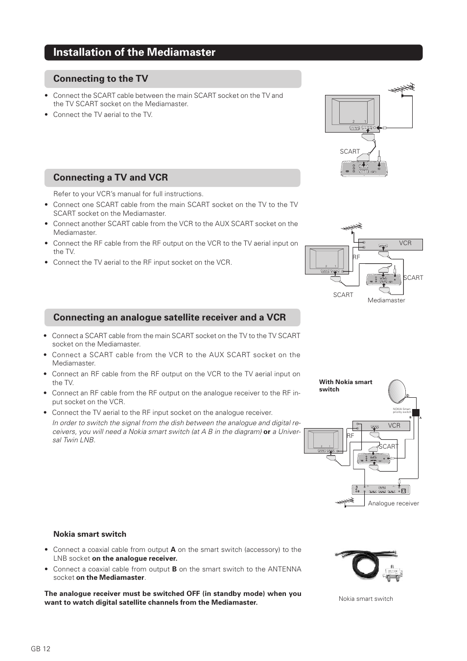 Installation of the mediamaster, Connecting a tv and vcr | Nokia 1500S User Manual | Page 12 / 38