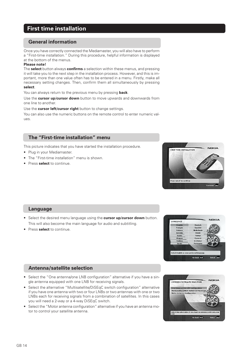 First time installation, Language, General information | The “first-time installation” menu, Antenna/satellite selection | Nokia 1500S User Manual | Page 14 / 38