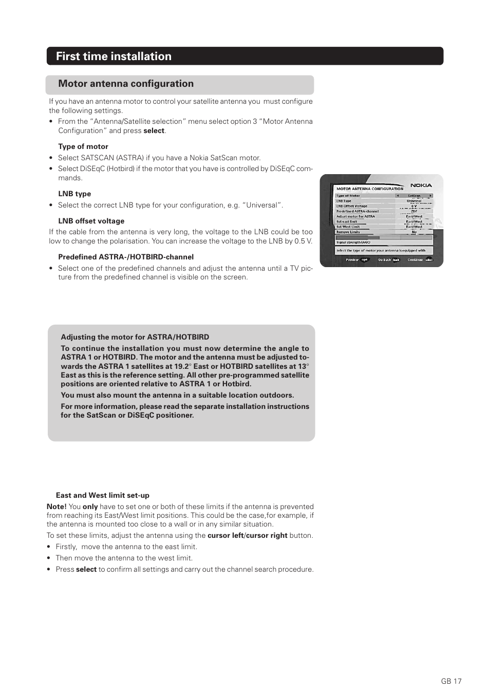First time installation, Motor antenna configuration | Nokia 1500S User Manual | Page 17 / 38