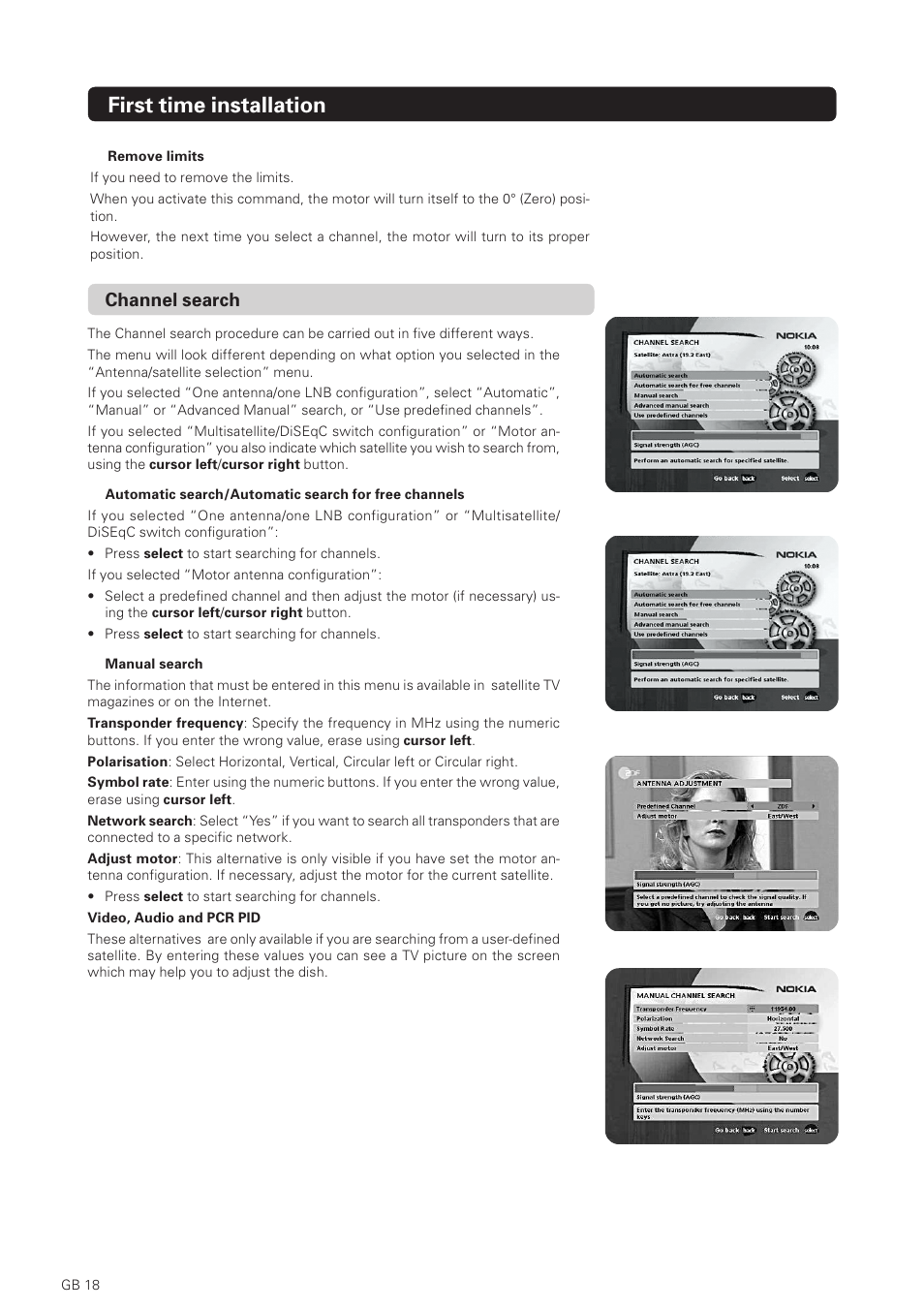 First time installation, Channel search | Nokia 1500S User Manual | Page 18 / 38