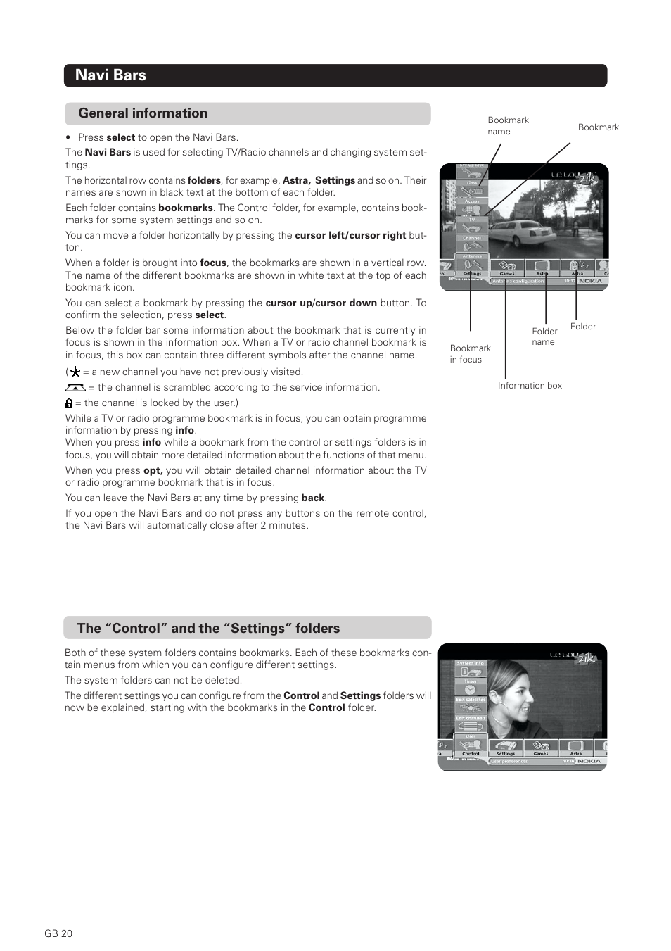 Navi bars, General information, The “control” and the “settings” folders | Nokia 1500S User Manual | Page 20 / 38