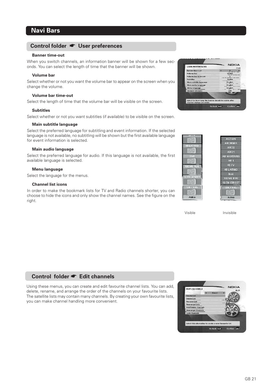 Navi bars, Control folder, User preferences | Edit channels | Nokia 1500S User Manual | Page 21 / 38