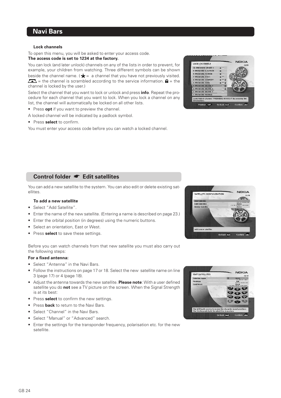 Navi bars, Control folder, Edit satellites | Nokia 1500S User Manual | Page 24 / 38