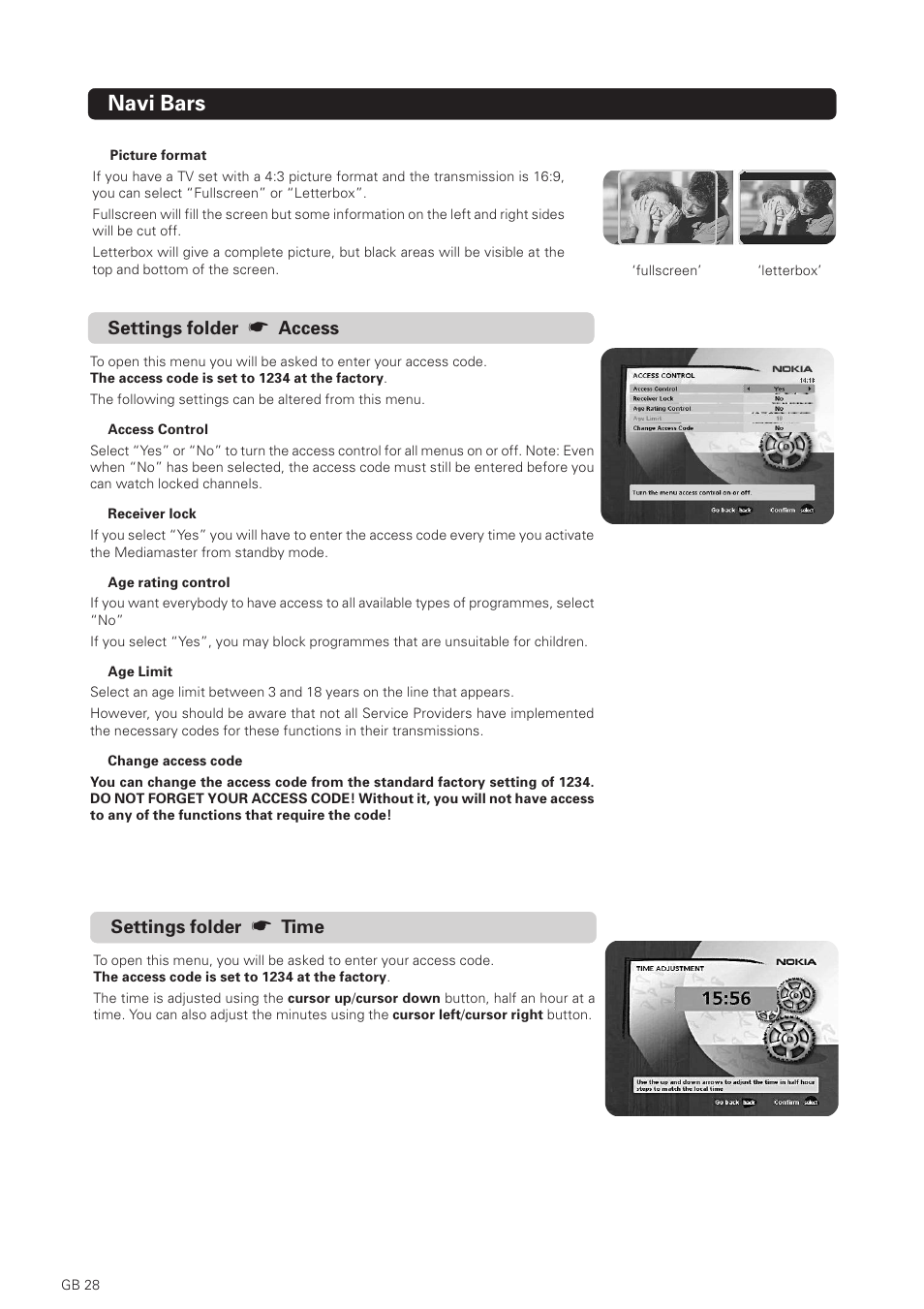 Navi bars, Settings folder, Time | Access | Nokia 1500S User Manual | Page 28 / 38