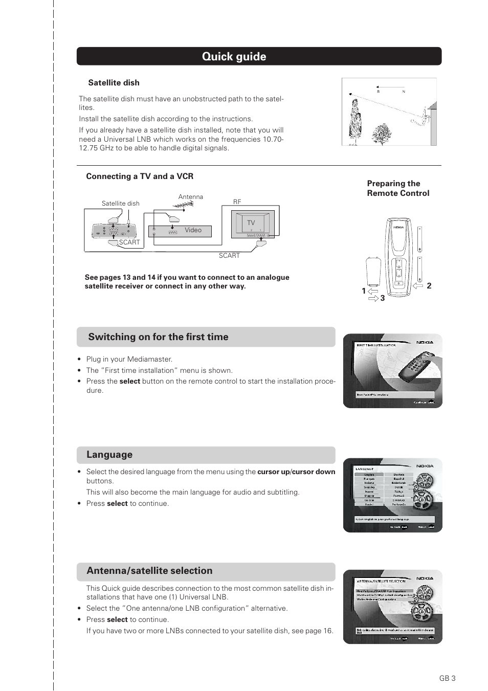 Quick guide, Switching on for the first time language, Antenna/satellite selection | Nokia 1500S User Manual | Page 3 / 38