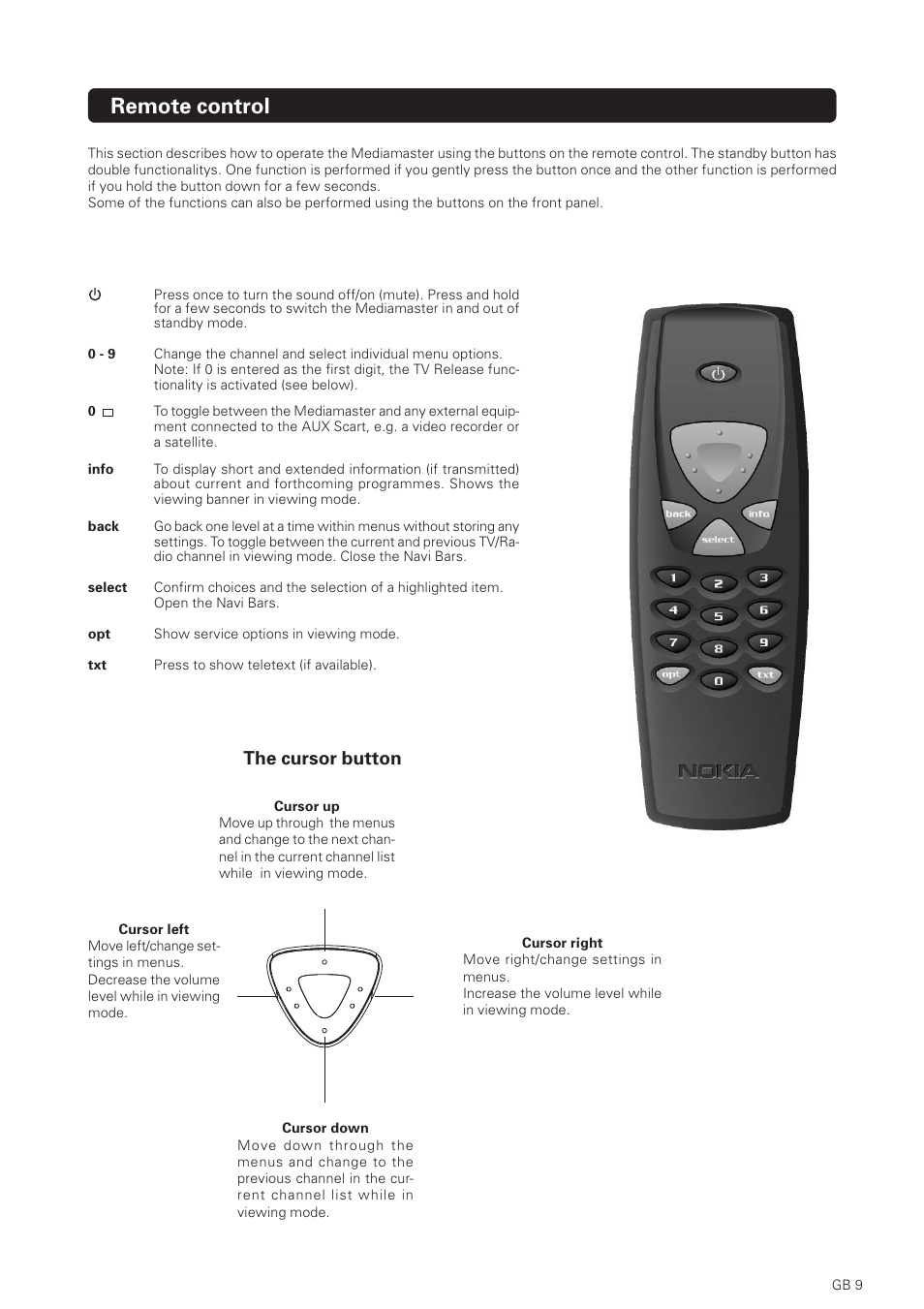 Remote control, The cursor button | Nokia 1500S User Manual | Page 9 / 38