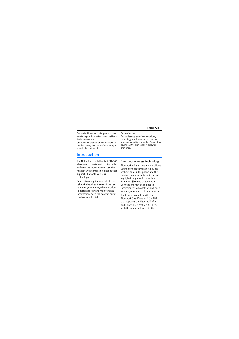 Introduction, Bluetooth wireless technology | Nokia BH-100 User Manual | Page 3 / 9
