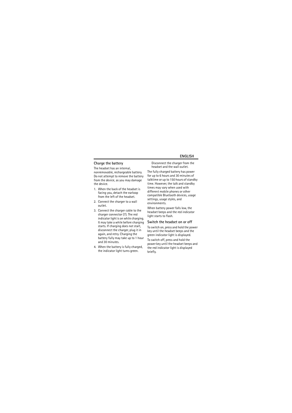 Charge the battery, Switch the headset on or off | Nokia BH-100 User Manual | Page 5 / 9