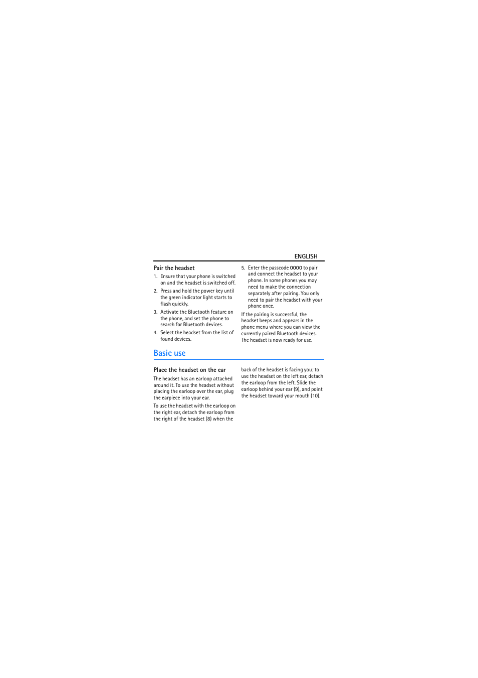 Pair the headset, Basic use, Place the headset on the ear | Nokia BH-100 User Manual | Page 6 / 9