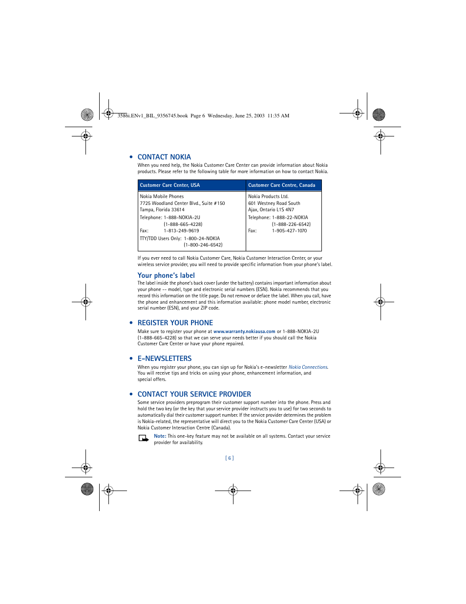 Contact nokia, Your phone’s label, Register your phone | E-newsletters, Contact your service provider | Nokia 3586I User Manual | Page 10 / 200