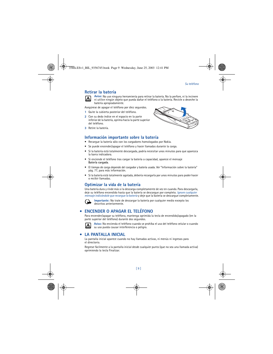 Retirar la batería, Información importante sobre la batería, Optimizar la vida de la batería | Encender o apagar el teléfono, La pantalla inicial | Nokia 3586I User Manual | Page 113 / 200