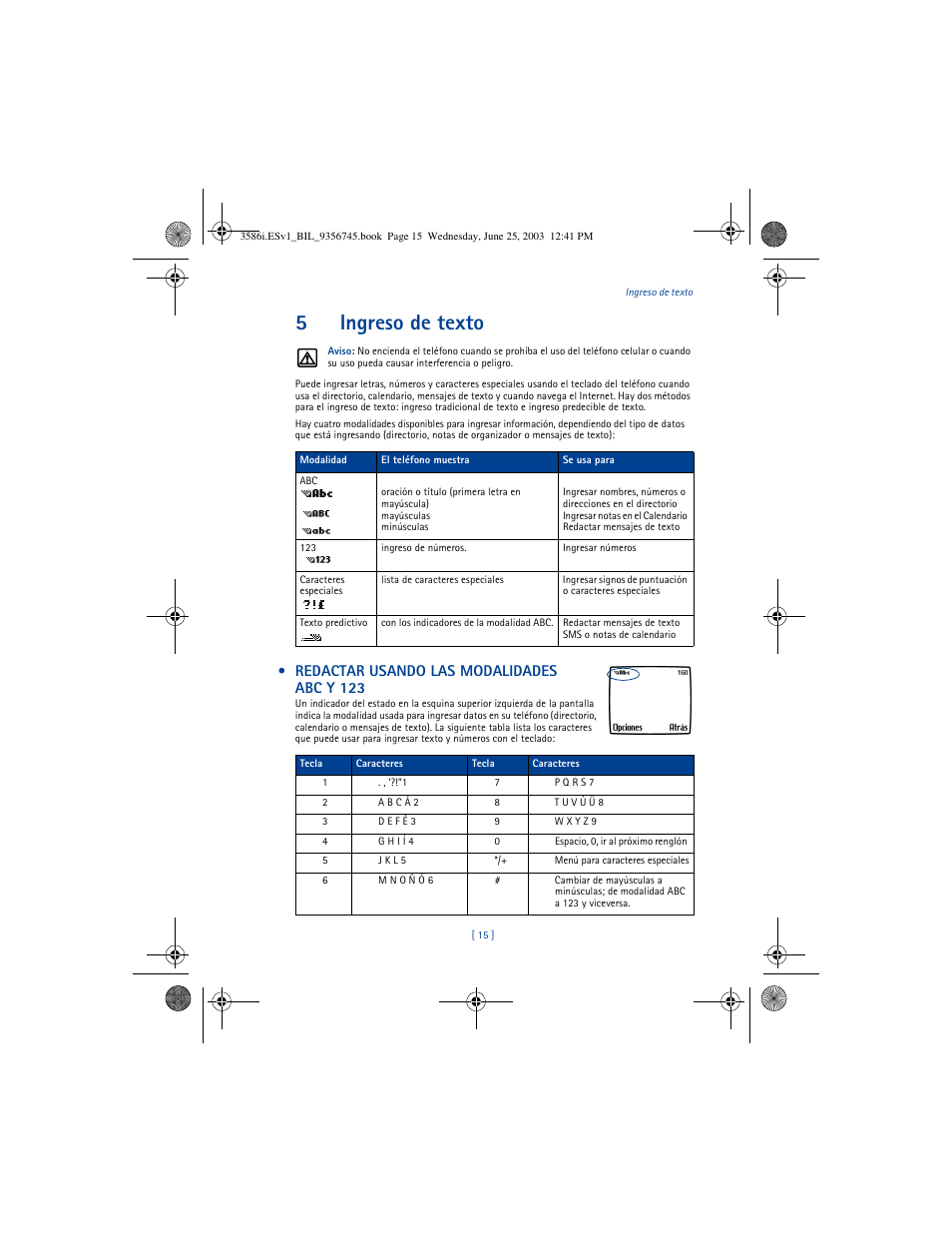 5ingreso de texto, Redactar usando las modalidades abc y 123 | Nokia 3586I User Manual | Page 119 / 200