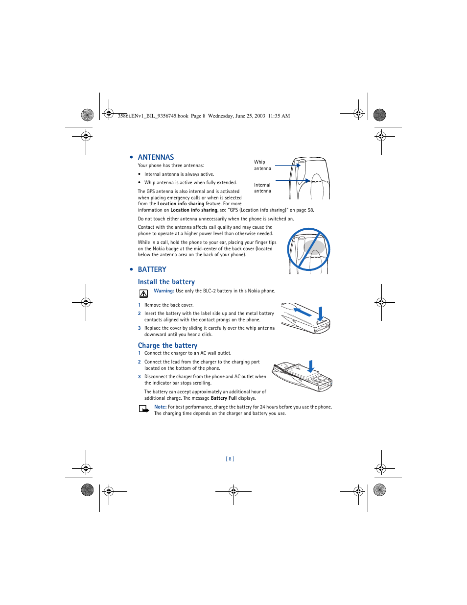Antennas, Battery install the battery, Charge the battery | Nokia 3586I User Manual | Page 12 / 200