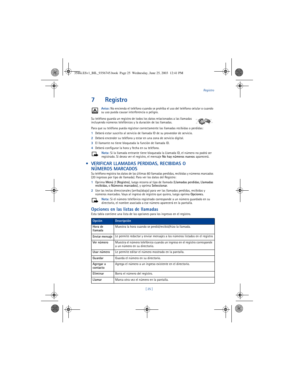 7registro, Opciones en las listas de llamadas | Nokia 3586I User Manual | Page 129 / 200