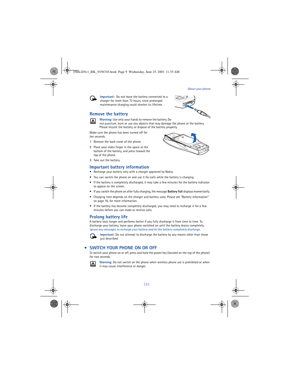 Remove the battery, Important battery information, Prolong battery life | Switch your phone on or off | Nokia 3586I User Manual | Page 13 / 200