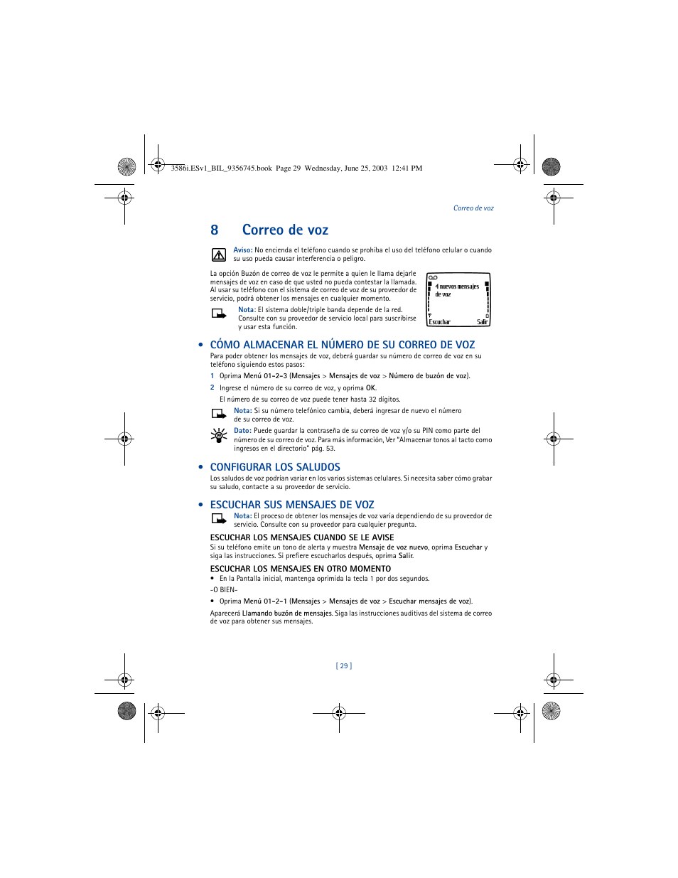 8correo de voz, Cómo almacenar el número de su correo de voz, Configurar los saludos | Escuchar sus mensajes de voz | Nokia 3586I User Manual | Page 133 / 200