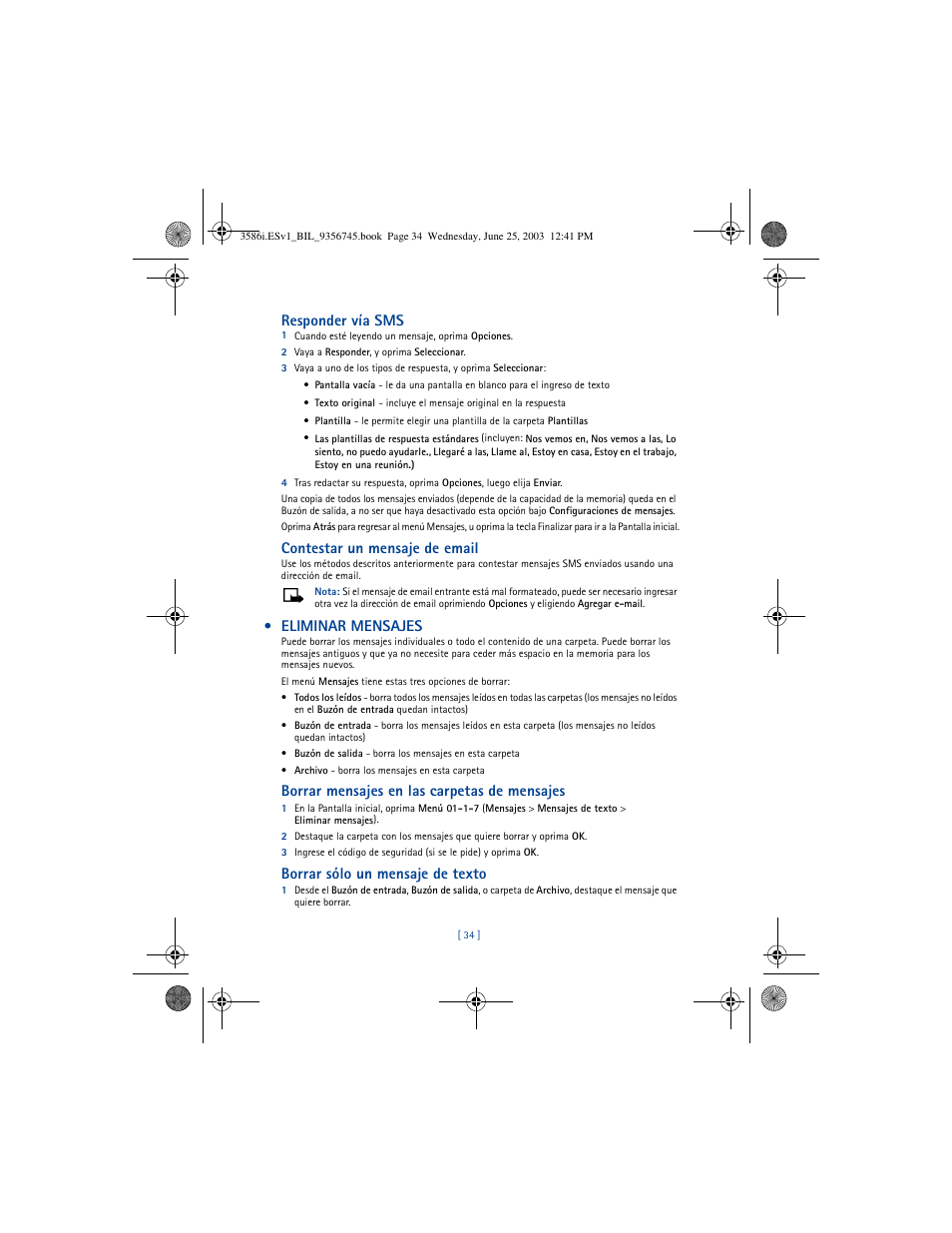 Responder vía sms, Contestar un mensaje de email, Eliminar mensajes | Borrar mensajes en las carpetas de mensajes, Borrar sólo un mensaje de texto | Nokia 3586I User Manual | Page 138 / 200