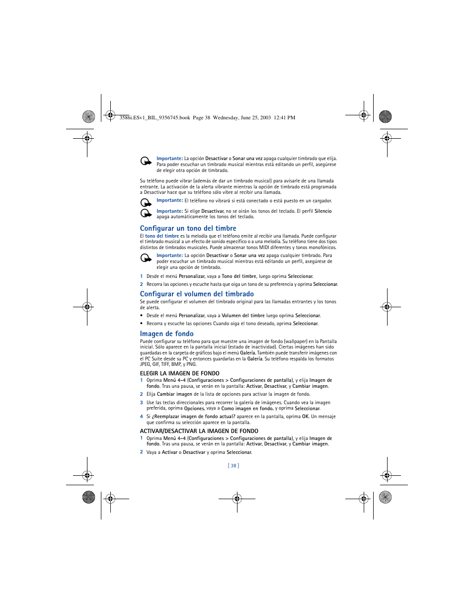 Configurar un tono del timbre, Configurar el volumen del timbrado, Imagen de fondo | Nokia 3586I User Manual | Page 142 / 200