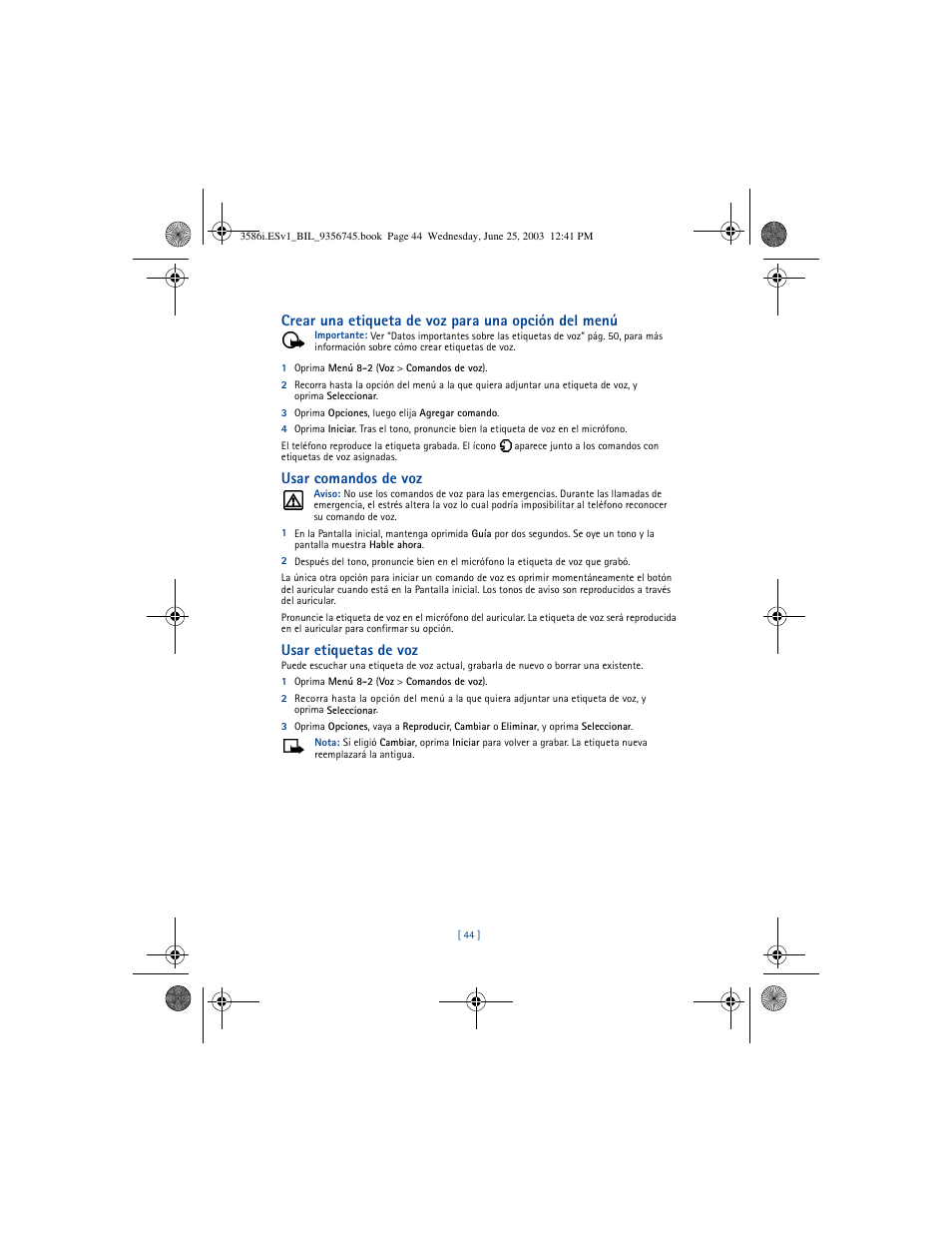 Crear una etiqueta de voz para una opción del menú, Usar comandos de voz, Usar etiquetas de voz | Nokia 3586I User Manual | Page 148 / 200