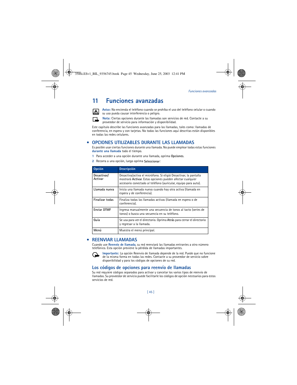 11 funciones avanzadas, Opciones utilizables durante las llamadas, Reenviar llamadas | Los códigos de opciones para reenvío de llamadas | Nokia 3586I User Manual | Page 149 / 200